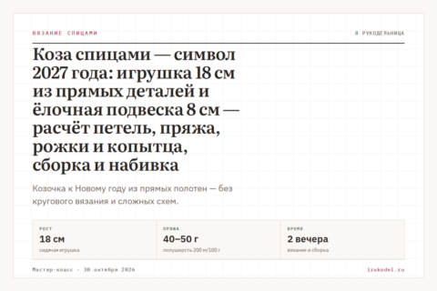 Коза спицами — символ 2027 года: игрушка 18 см из прямых деталей и ёлочная подвеска 8 см — расчёт петель, пряжа, рожки и копытца, сборка и набивка